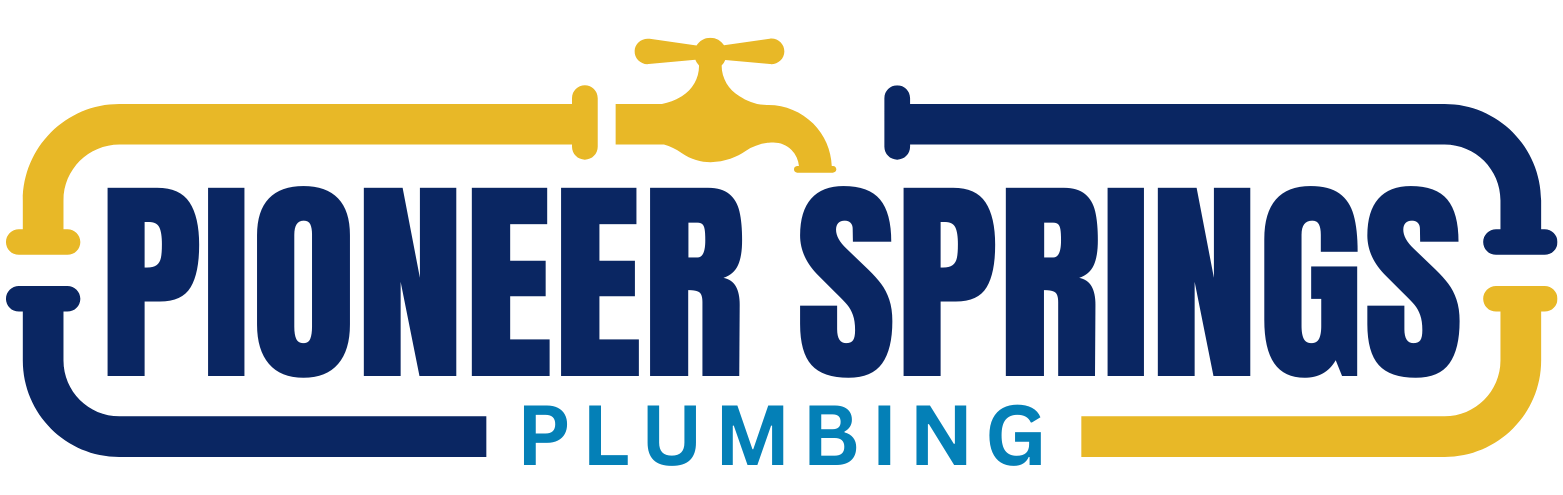 Pioneer Springs Plumbing logo featuring navy blue text with yellow pipe graphics and water faucet design