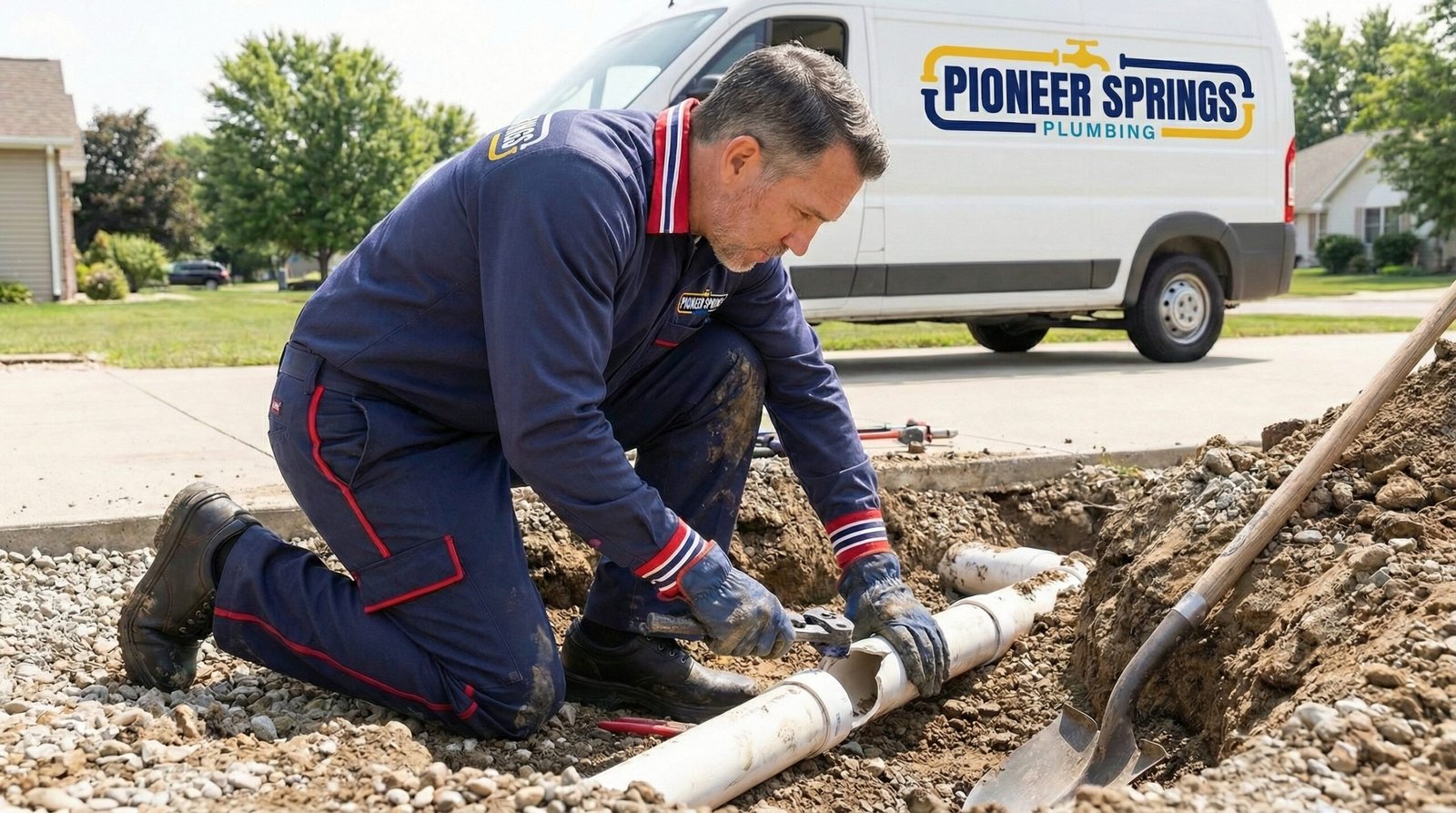 Pioneer Springs Plumbing technician performing professional sewer line repair in Blue Springs MO