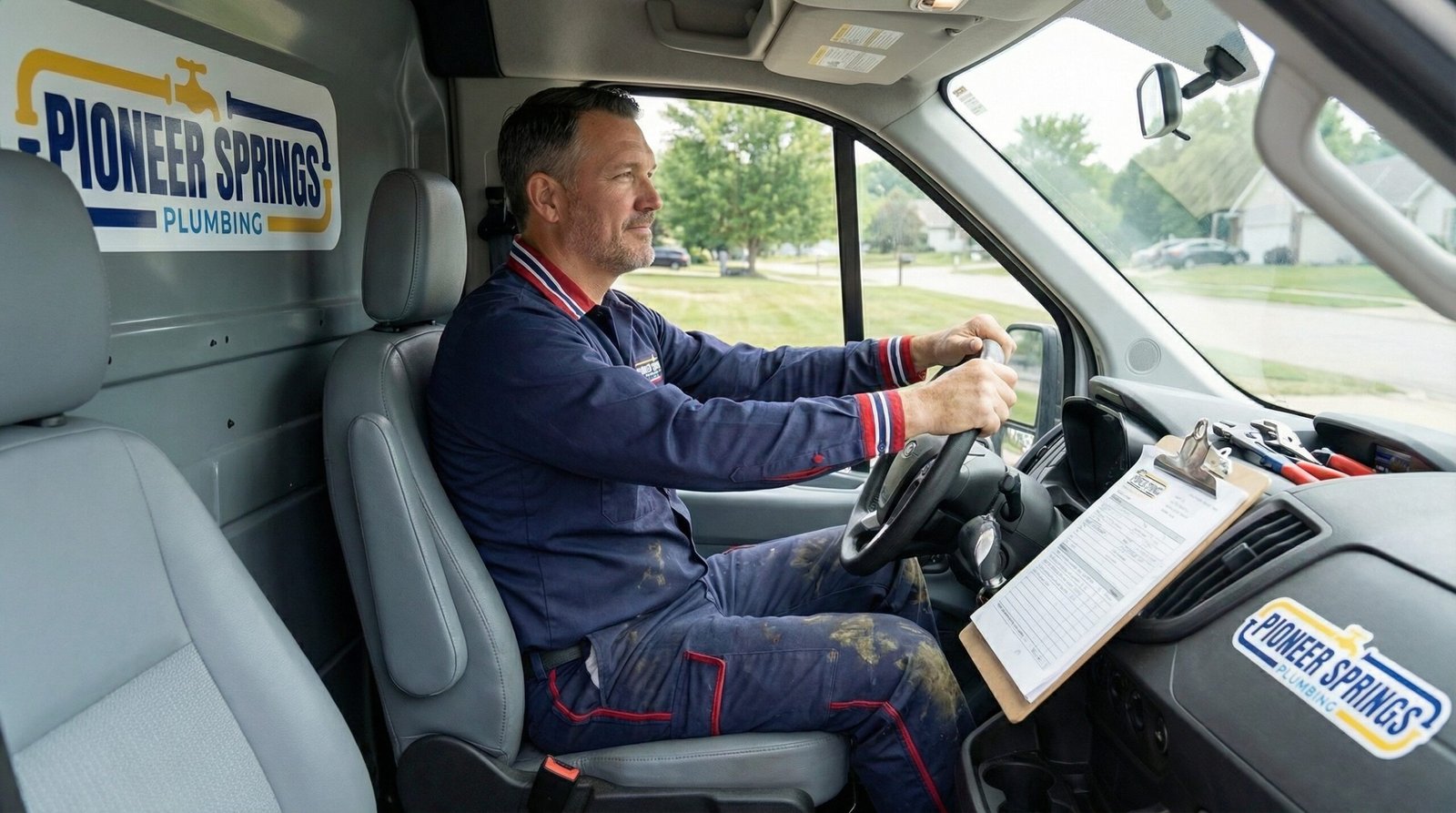 Pioneer Springs Plumbing service van responding to emergency call in Blue Springs MO