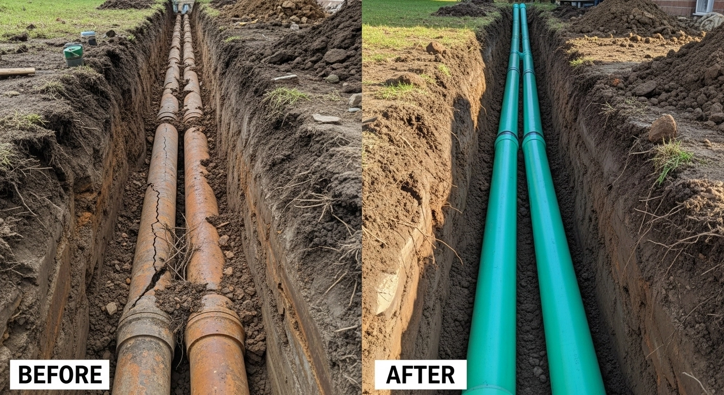 Before and after sewer line repair and replacement project in Blue Springs MO showing professional plumbing work