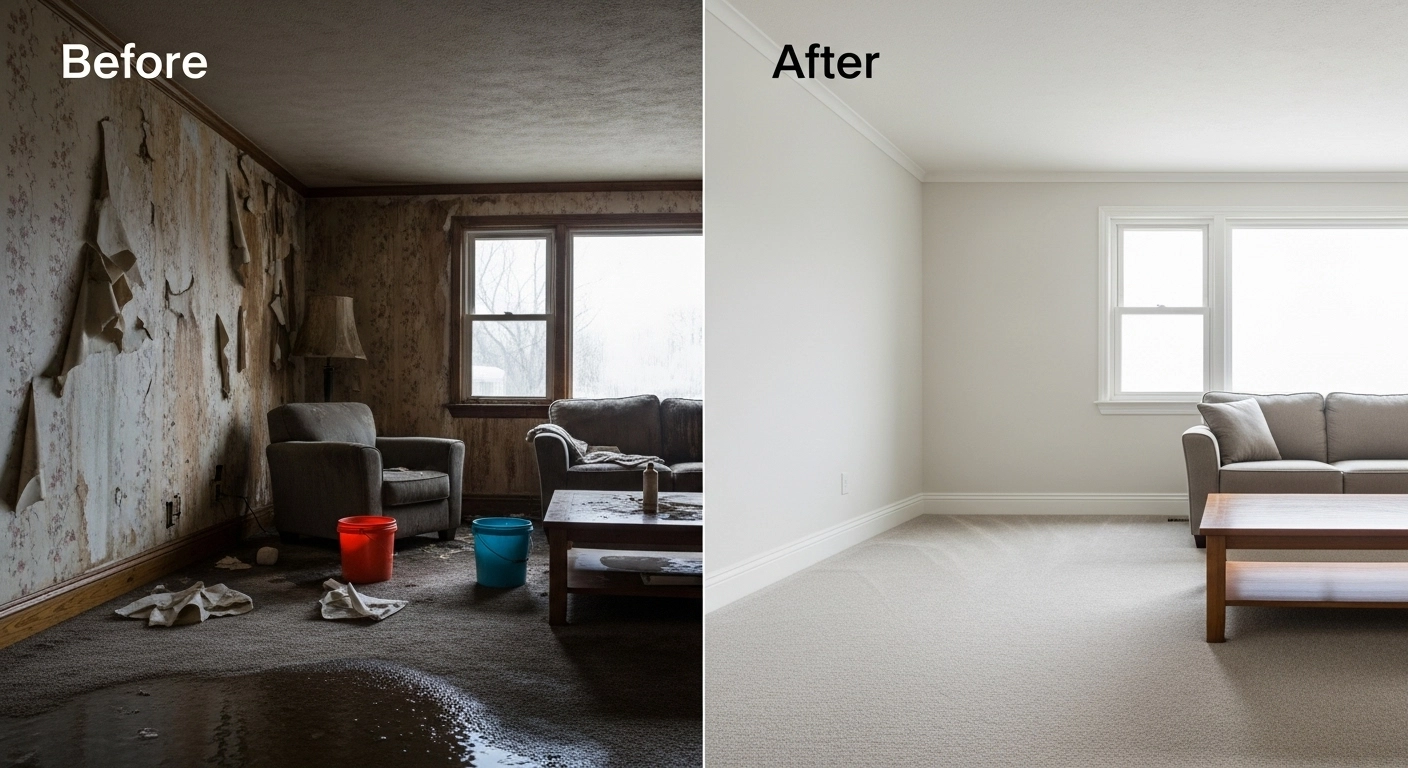 Before and After Water Damage Restoration Blue Springs MO - Pioneer Springs Plumbing