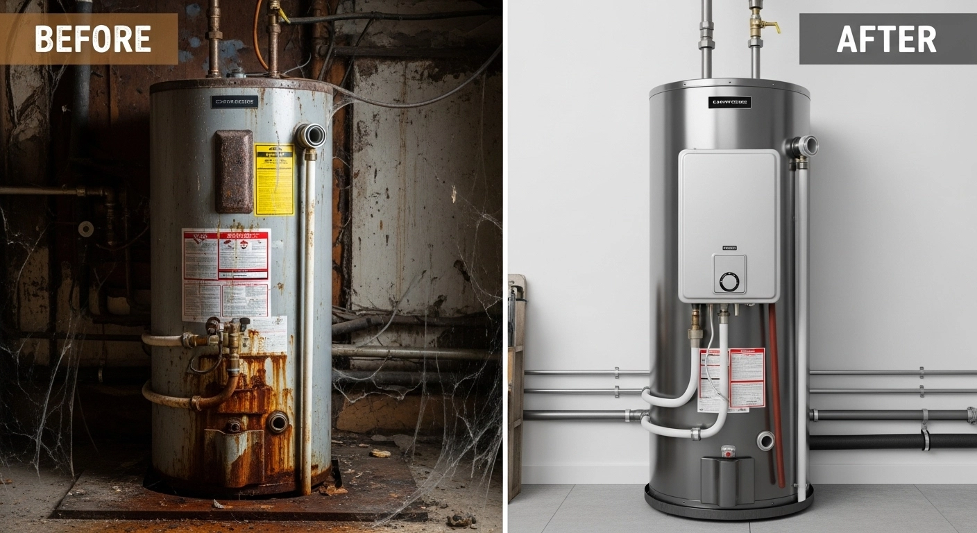 Before and after water heater replacement by Pioneer Springs Plumbing in Blue Springs MO