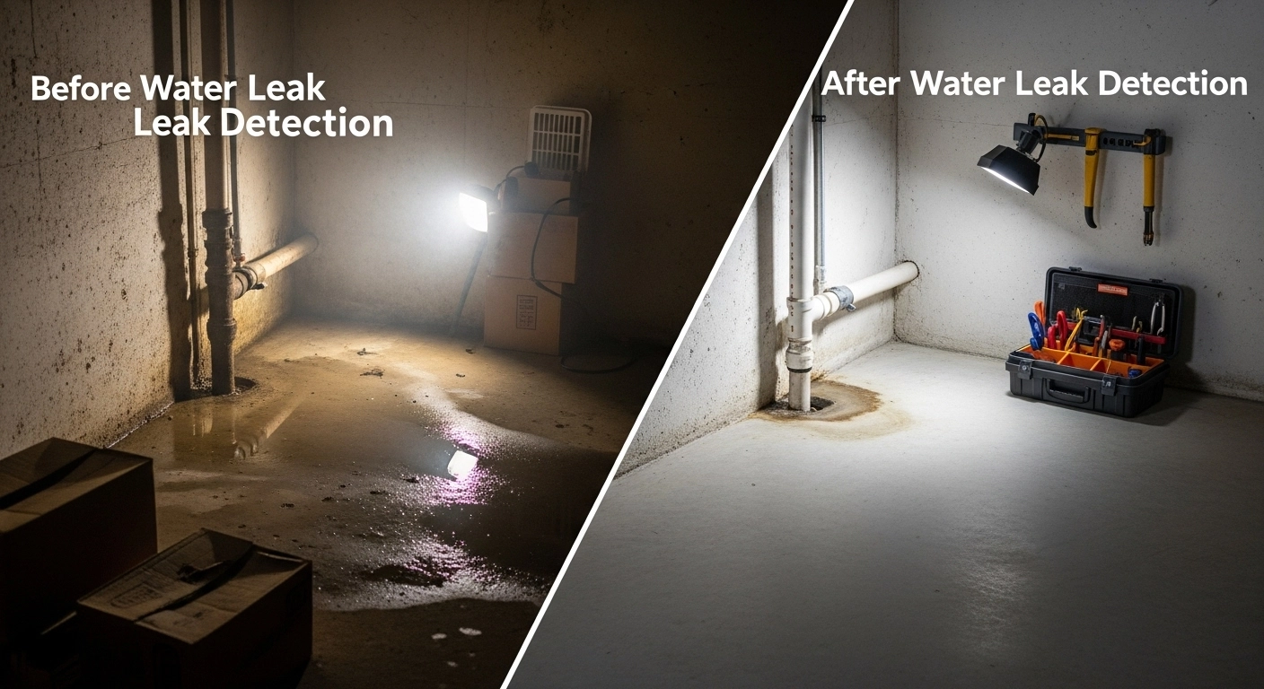 Before and after water leak detection and repair in Blue Springs, MO bathroom showing professional plumbing work