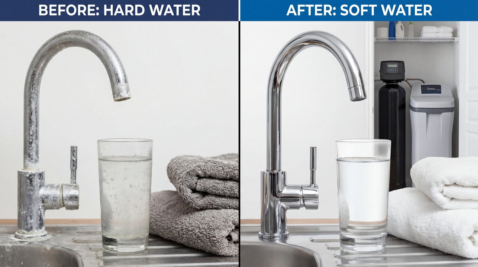 Before and After Water Softener Repair Blue Springs MO - Clean fixtures after water treatment